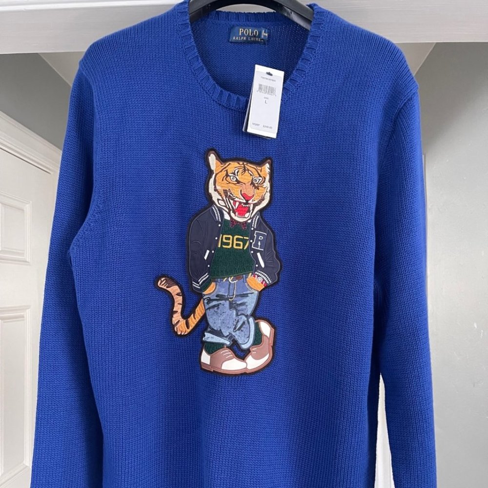Polo RALPH LAUREN Mens Royal Blue Varsity Tiger Mascot Embroidered Sweater LARGE